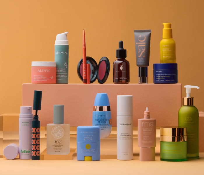 July30th 30% off Alpyn, July 31st 20% off Soshe, August1 25% off True Botanicals, August 2nd 20%off Saie, August 3rd 20% off Ursa Major. Photos of products from each of the brands on a yellow background.
