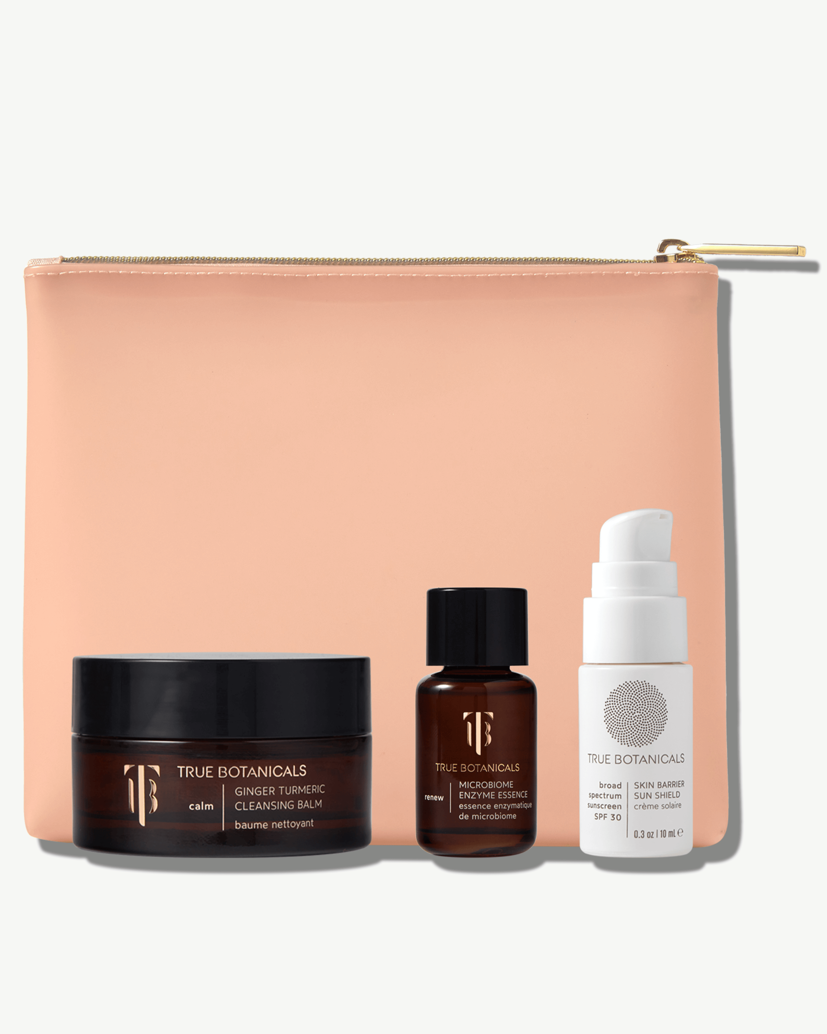 Free Gift True Botanicals Prep and Protect 3 pc GWP w/ 30 ml Cleansing Balm + 15 ml Microbiome Enzyme Essence + 10 ml Skin Barrier Sun Shield + Pink Bag